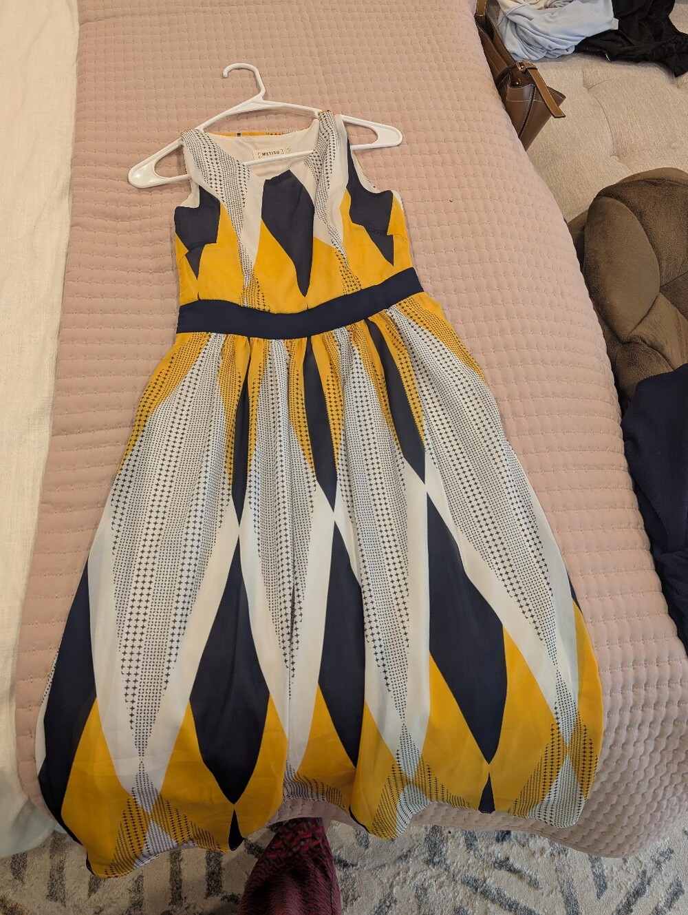 Yellow Navy & White Patterned Fit-and-Flare Dress